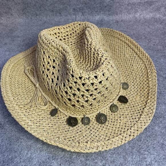 Women’s Cowboy Hat, Straw With Coins On Band, One Size, Tan, Fits Most - Picture 1 of 8